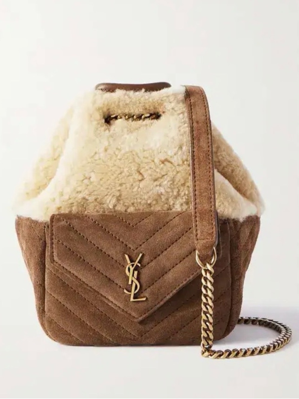 Yves Saint Laurent YSL mini Joe bucket shearling suede bag RETAIL 2,190